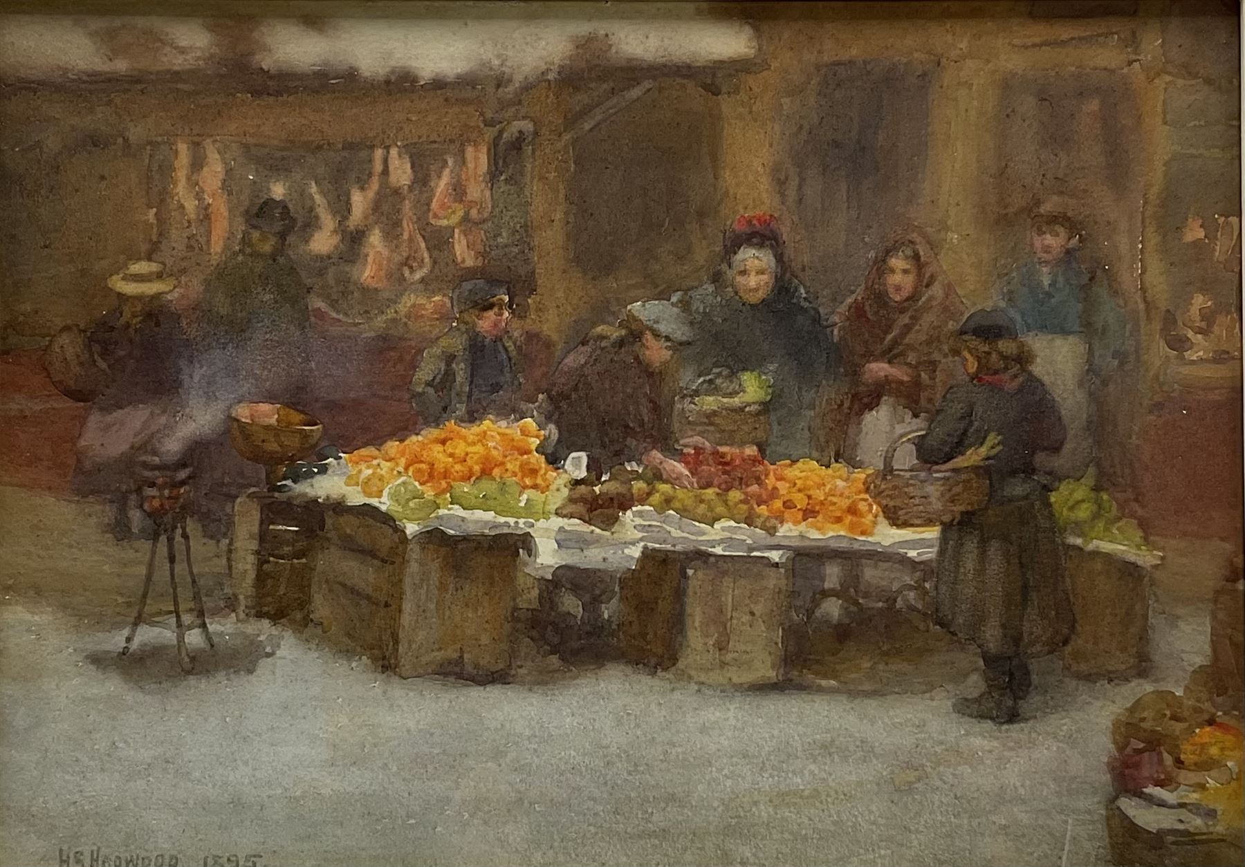Henry Silkstone Hopwood (Staithes Group 1860-1914): Fruit Stall in front of the Butchers Shop Whitby
