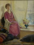 Ernest Borough Johnson (British 1866-1944): Lady in Pink with Harbour View through the Window