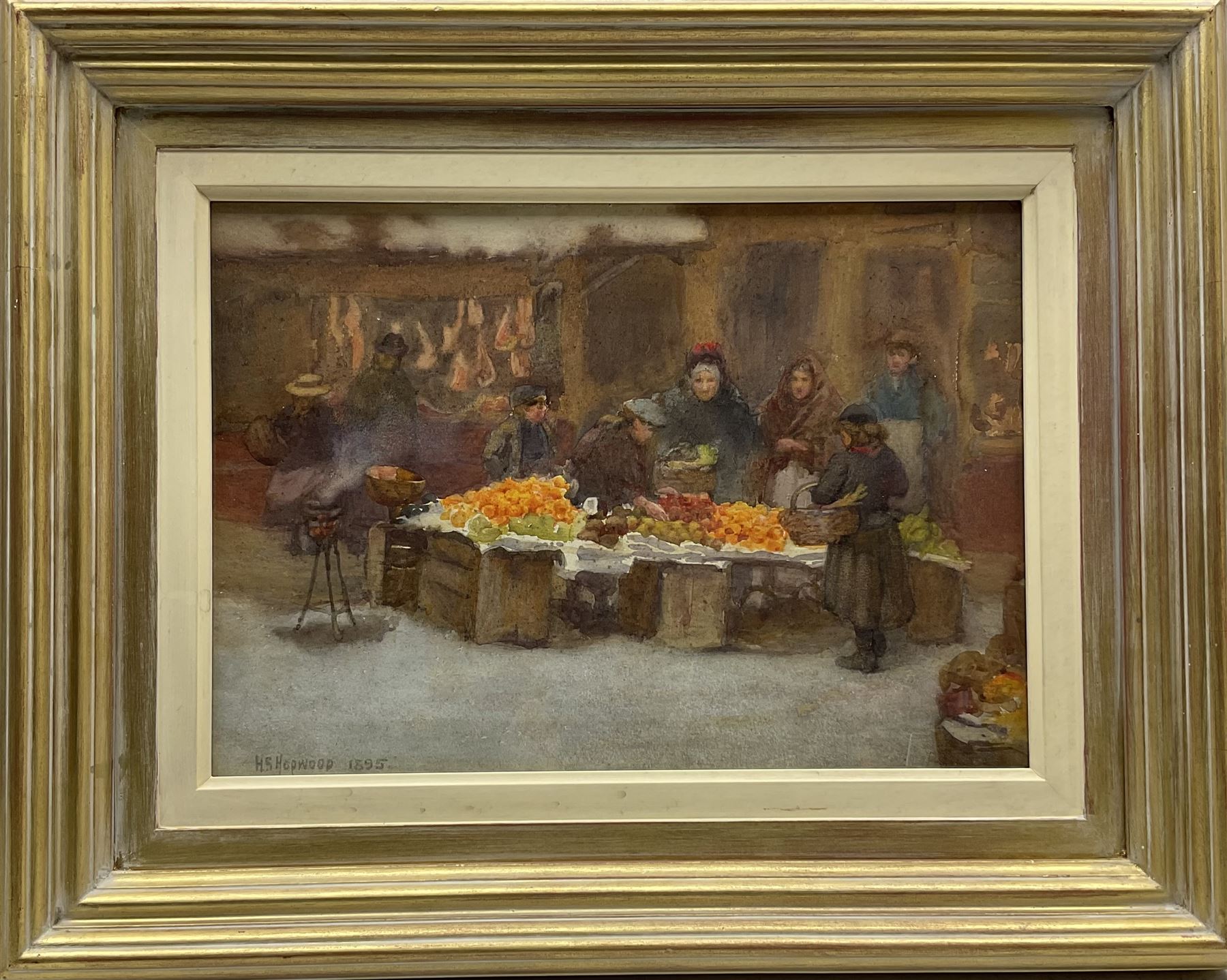 Henry Silkstone Hopwood (Staithes Group 1860-1914): Fruit Stall in front of the Butchers Shop Whitby - Image 2 of 4