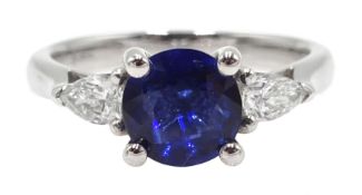 18ct white gold three stone round sapphire and pear shaped diamond ring