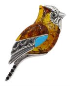 Silver turquoise and amber bird brooch