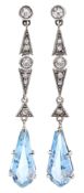 Pair of Art Deco gold and platinum aquamarine and diamond pendant earrings