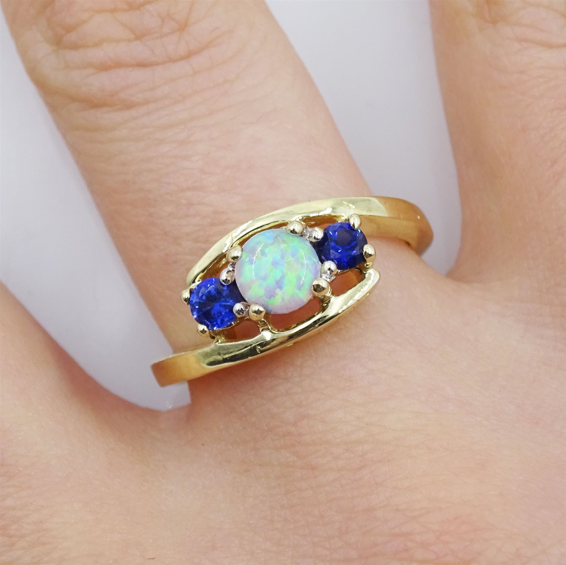 9ct gold opal and sapphire ring with 'love' gallery - Image 2 of 7