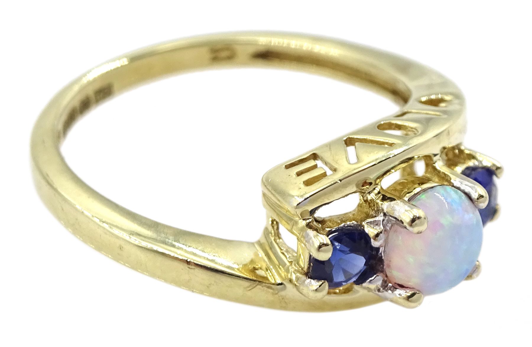 9ct gold opal and sapphire ring with 'love' gallery - Image 6 of 7