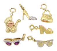 Six 9ct gold charms including two heeled shoes one set with diamond chips and one with pink enamel d