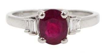 18ct white gold oval ruby and baguette diamond ring