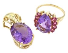 9ct gold pear shaped amethyst and eight stone flamingo topaz ring and a 14ct gold amethyst pendant w