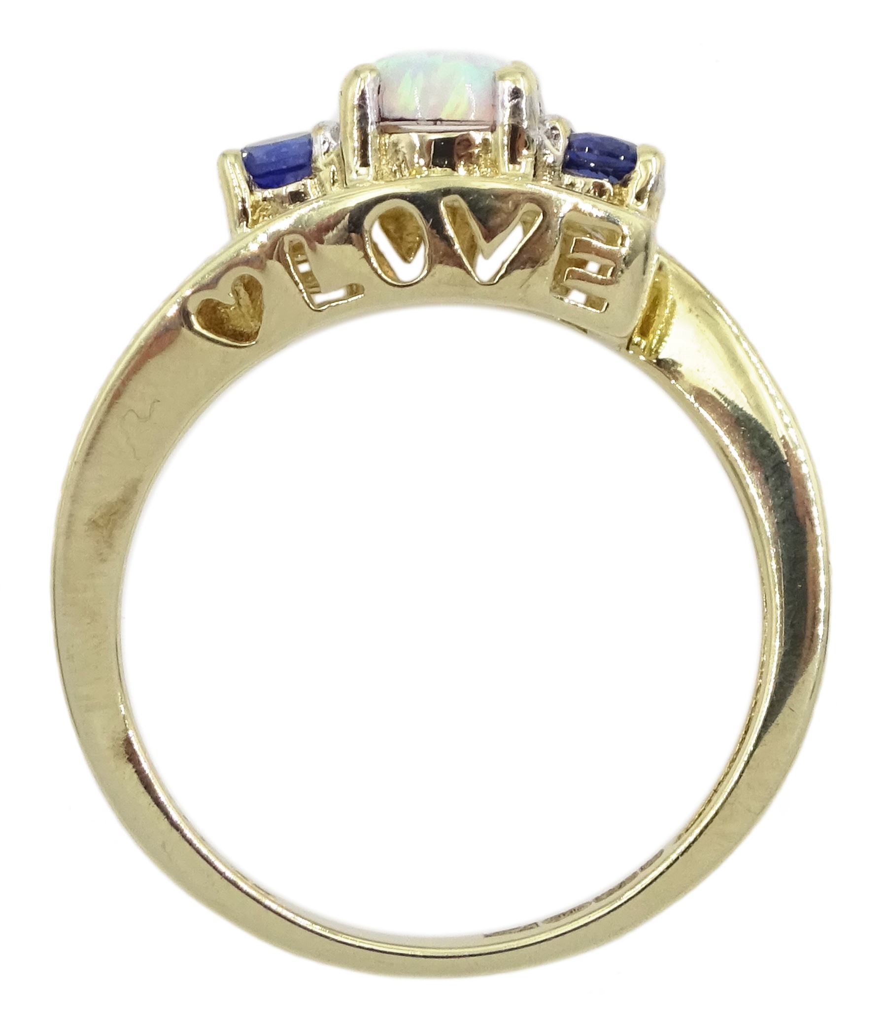 9ct gold opal and sapphire ring with 'love' gallery - Image 4 of 7