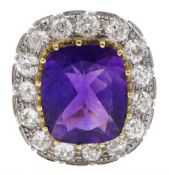 18ct gold radiant cut amethyst and old cut diamond cluster ring