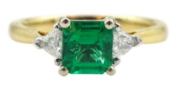 18ct gold three stone no oil emerald and trillion cut diamond ring