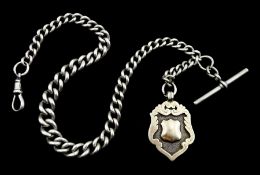 Early 20th century tapering silver Albert chain with clips and fob