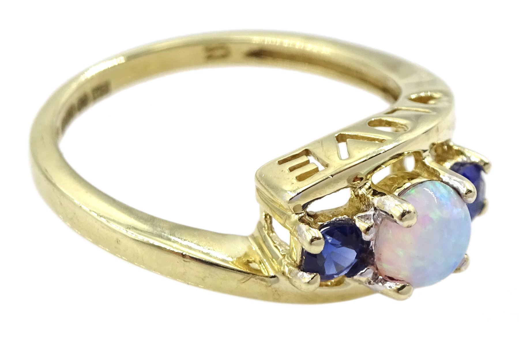 9ct gold opal and sapphire ring with 'love' gallery - Image 3 of 7
