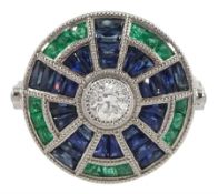 Platinum diamond sapphire and emerald target ring