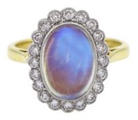 18ct gold milgrain set cabochon moonstone and diamond cluster ring