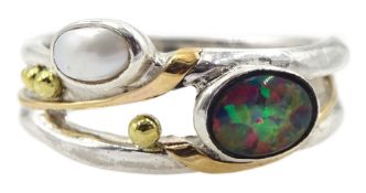 Silver and 14ct gold wire opal and pearl ring