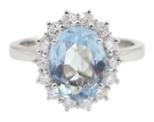 18ct white gold oval aquamarine and diamond cluster ring