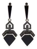 Pair of silver black onyx and marcasite pendant stud earrings