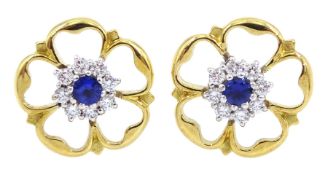 Pair of 18ct gold sapphire and diamond Yorkshire rose style stud earrings