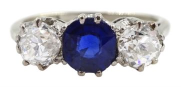 Early 20th century gold three stone old cut diamond and round sapphire ring