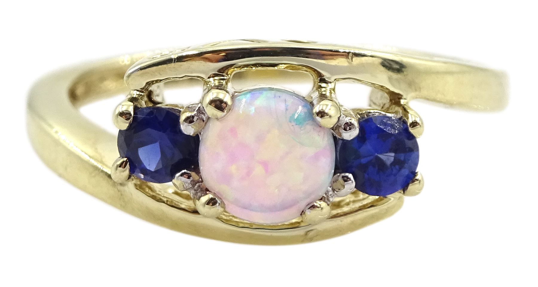 9ct gold opal and sapphire ring with 'love' gallery