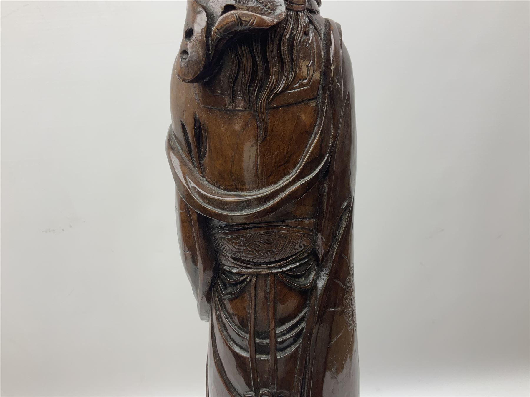 Two large hardwood Oriental figures carved as a man and woman donning robes upon naturalistic plinth - Image 16 of 19