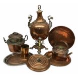 Quantity of copper to include samovar with white ceramic handles and brass tap