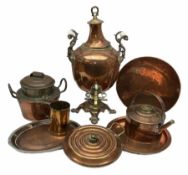 Quantity of copper to include samovar with white ceramic handles and brass tap