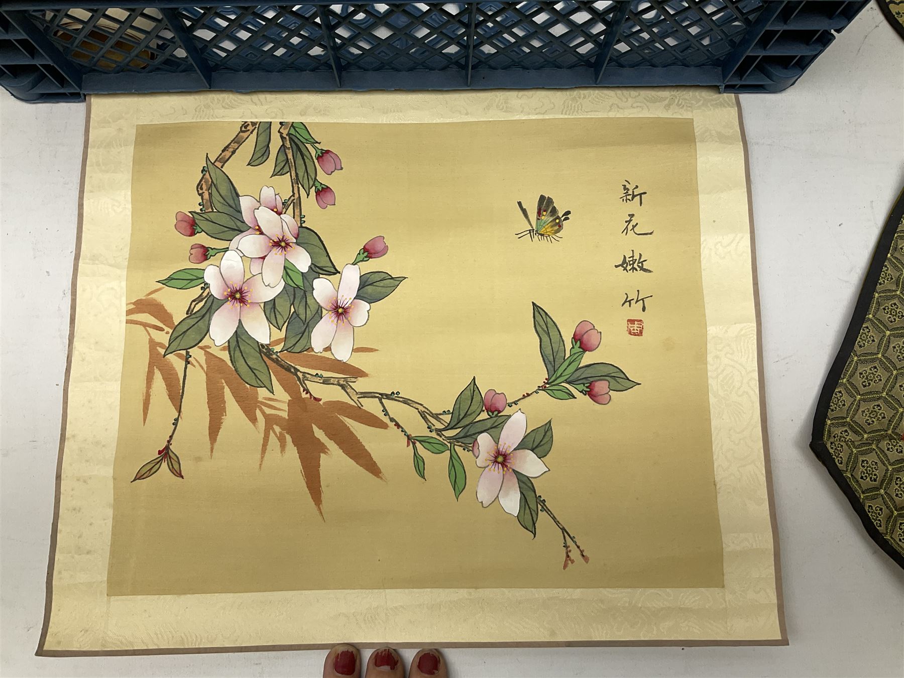 Six Chinese silks on fabric panels embroidered with birds on blossoming branches - Image 3 of 8