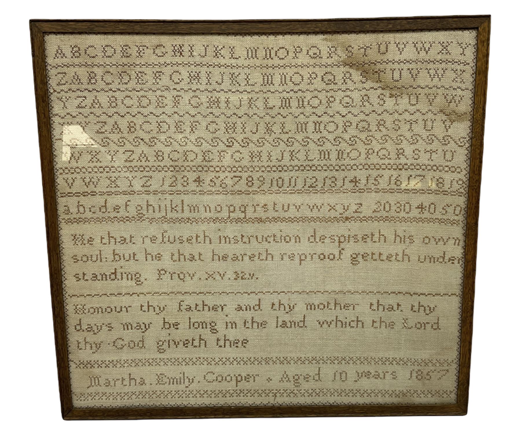 Victorian sampler by Martha Emily Cooper Aged 10 Years 1857