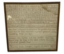 Victorian sampler by Martha Emily Cooper Aged 10 Years 1857