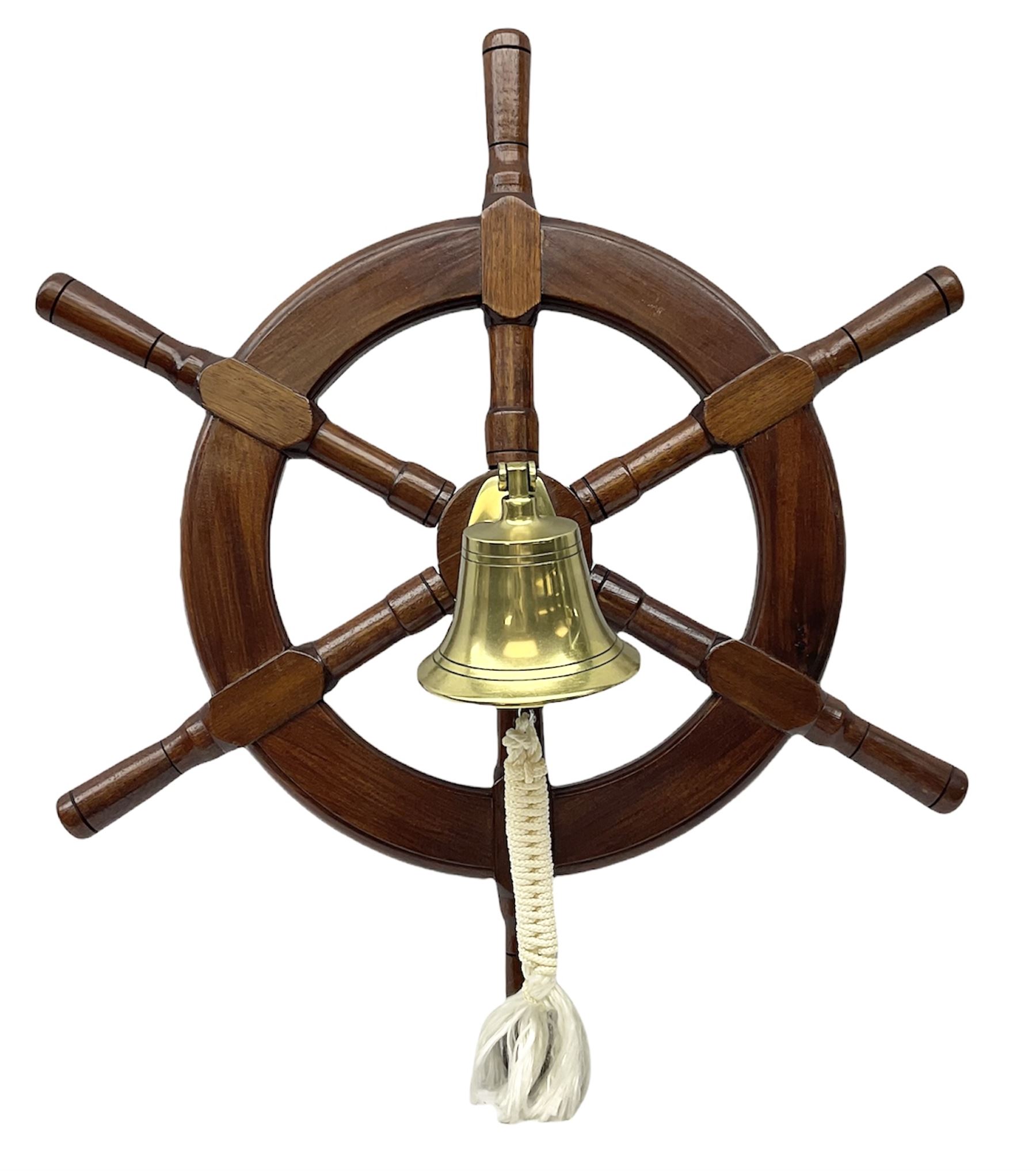 Modern six spoke ships wheel with brass bell