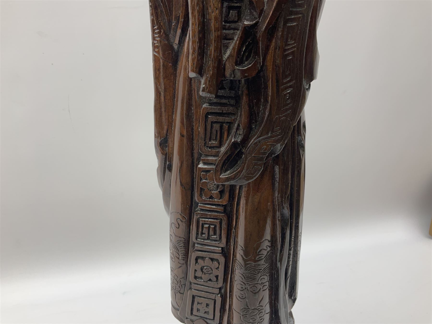 Two large hardwood Oriental figures carved as a man and woman donning robes upon naturalistic plinth - Image 12 of 19