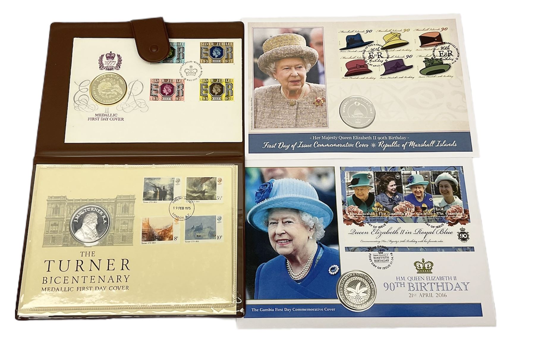 Four medallic first day covers including '1977 The Queens Silver Jubilee' containing a hallmarked st