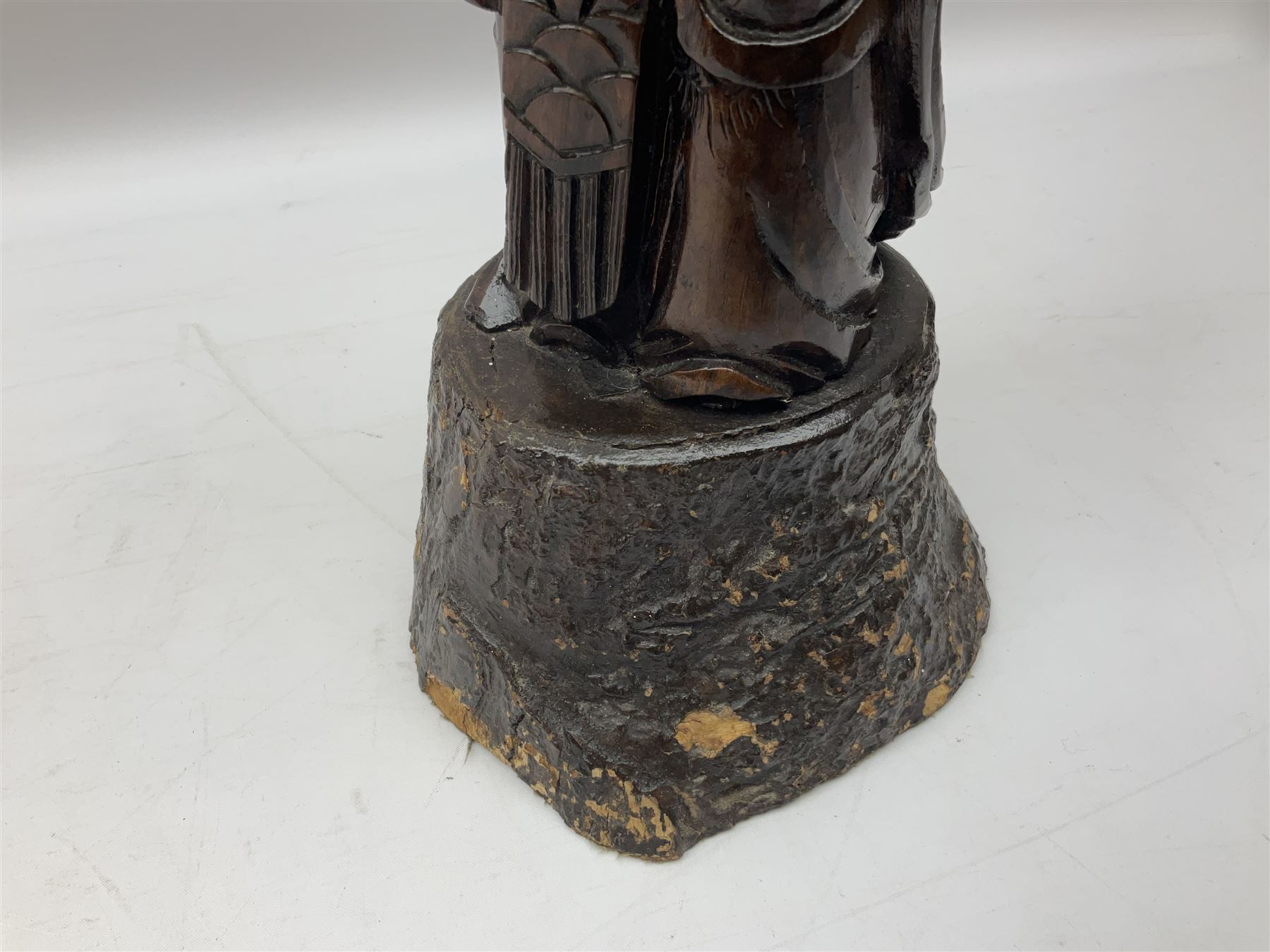 Two large hardwood Oriental figures carved as a man and woman donning robes upon naturalistic plinth - Image 14 of 19