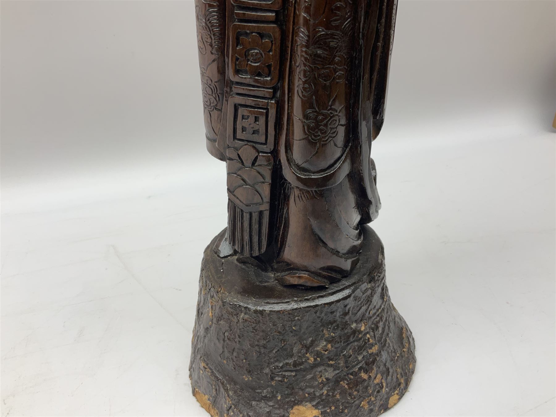 Two large hardwood Oriental figures carved as a man and woman donning robes upon naturalistic plinth - Image 13 of 19