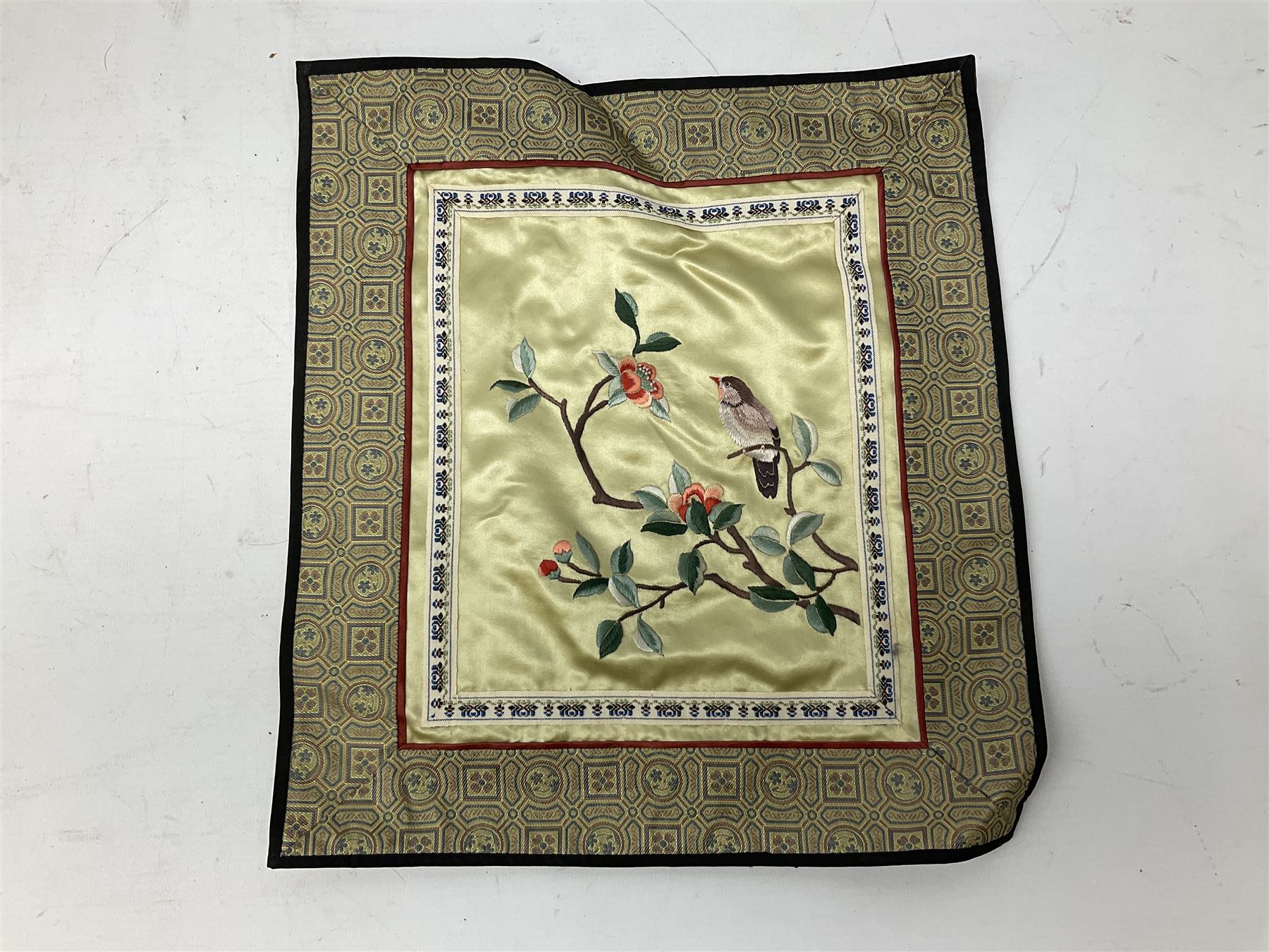 Six Chinese silks on fabric panels embroidered with birds on blossoming branches - Image 7 of 8