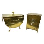 Brass coal box decorated with floral swag with twin handles raised