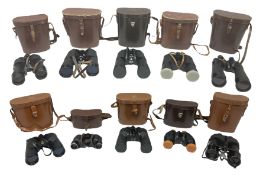 Ten cased pairs of binoculars