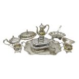 Quantity of silver plate to include Walker & Hall swing handled cake basket