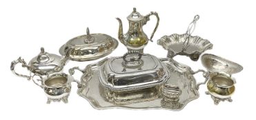 Quantity of silver plate to include Walker & Hall swing handled cake basket