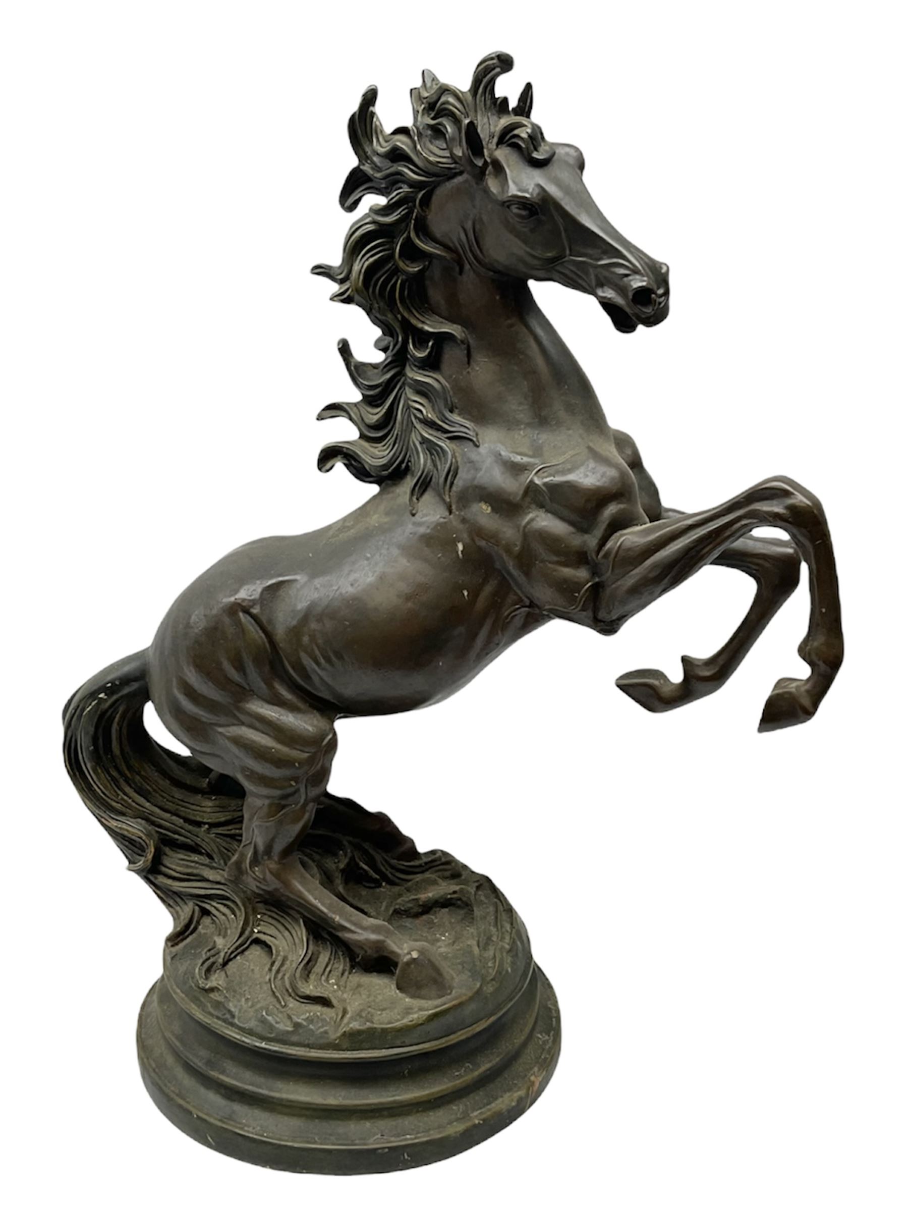 Large bronzed composite model of a rearing horse