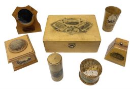 Collection of Mauchlin Ware to include watch holder decorated with a scene of the Royal Hotel Haylin