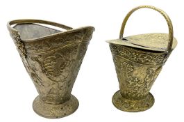 19th Century brass embossed coal scuttle with double-sided hinged lid