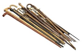 Collection of walking sticks and canes to include 19th/ early 20th century vertebrae example with wh
