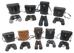 Nine cased pairs of binoculars to include Lieberman & Gortz 12x50