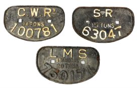 Three cast iron railway wagon plates of D shaped form to include Southern Railway