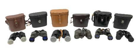 Six cased pairs of binoculars