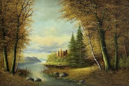 H Sanders (Continental 20th century): Castle in Highland River Landscape