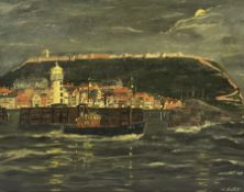 Robert Sheader (British 20th century): Trawler leaving Scarborough Harbour at Night