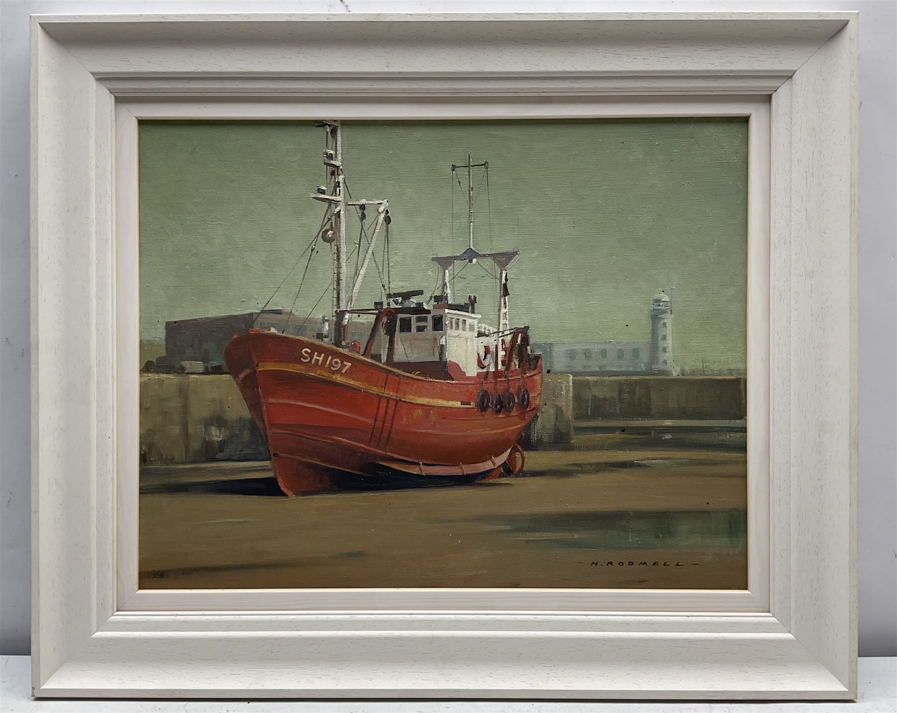 Herbert Rodmell (British 1913-1994): Scarborough Fishing Boat in South Bay Harbour with Lighthouse - Image 2 of 4
